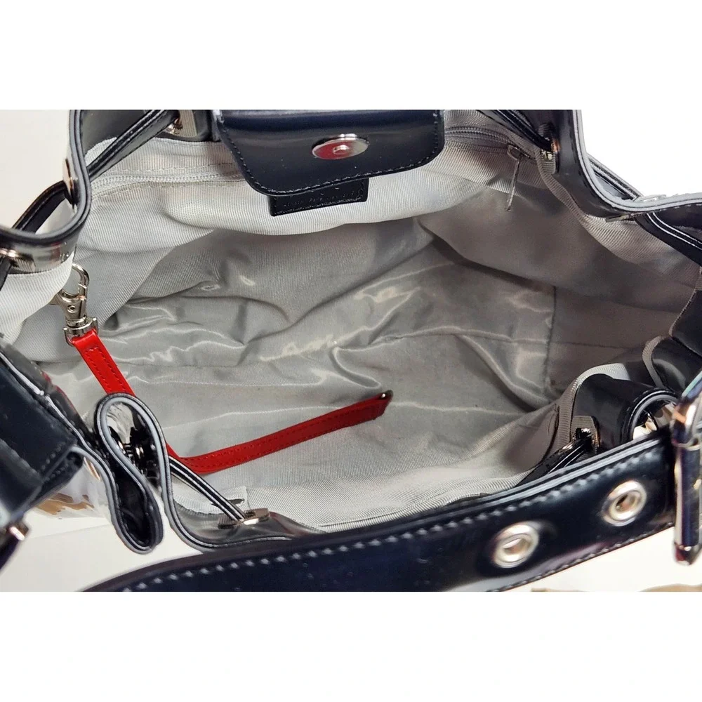 Beijo Classic Black Patent Shoulder Bag Silver Hardware Adjustable Strap Pockets